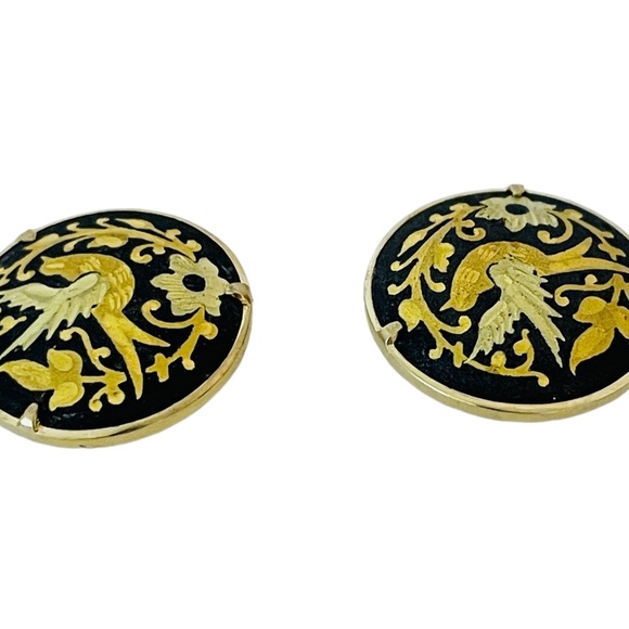Vintage Earrings Black and Gold Enamel Birds - Picture 3 of 5